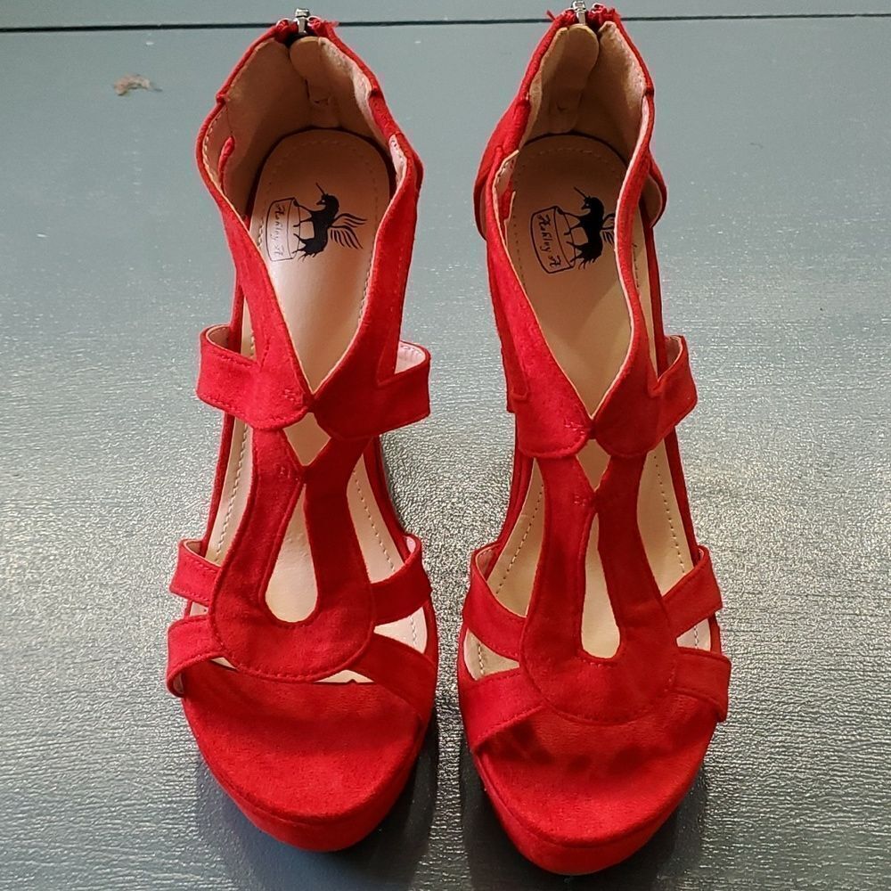Red Suede Wedge Sandals - Women
